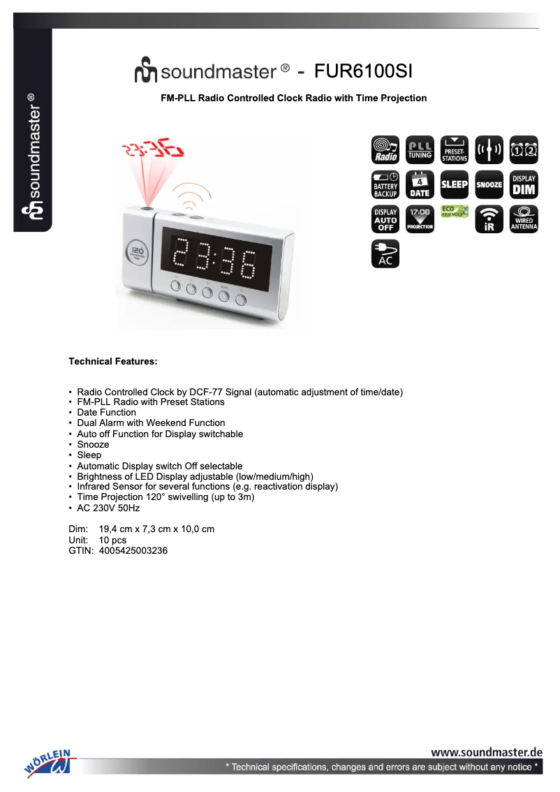 Page n°1 - Fiche technique Soundmaster FUR6100SI