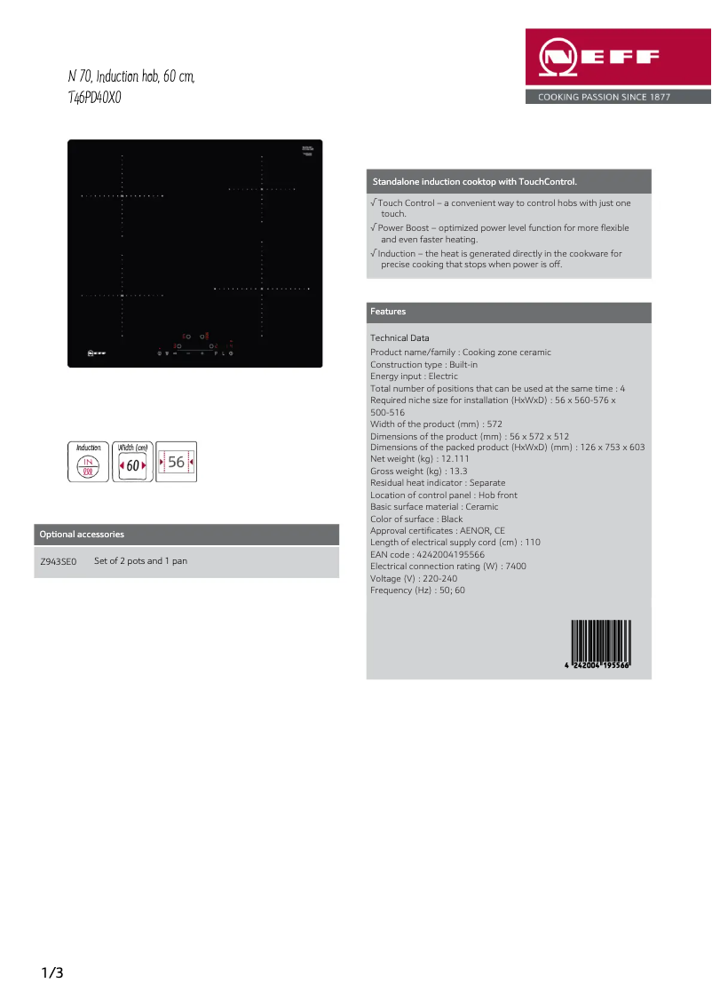 Page 1 de la notice Fiche technique Neff T46PD40X0