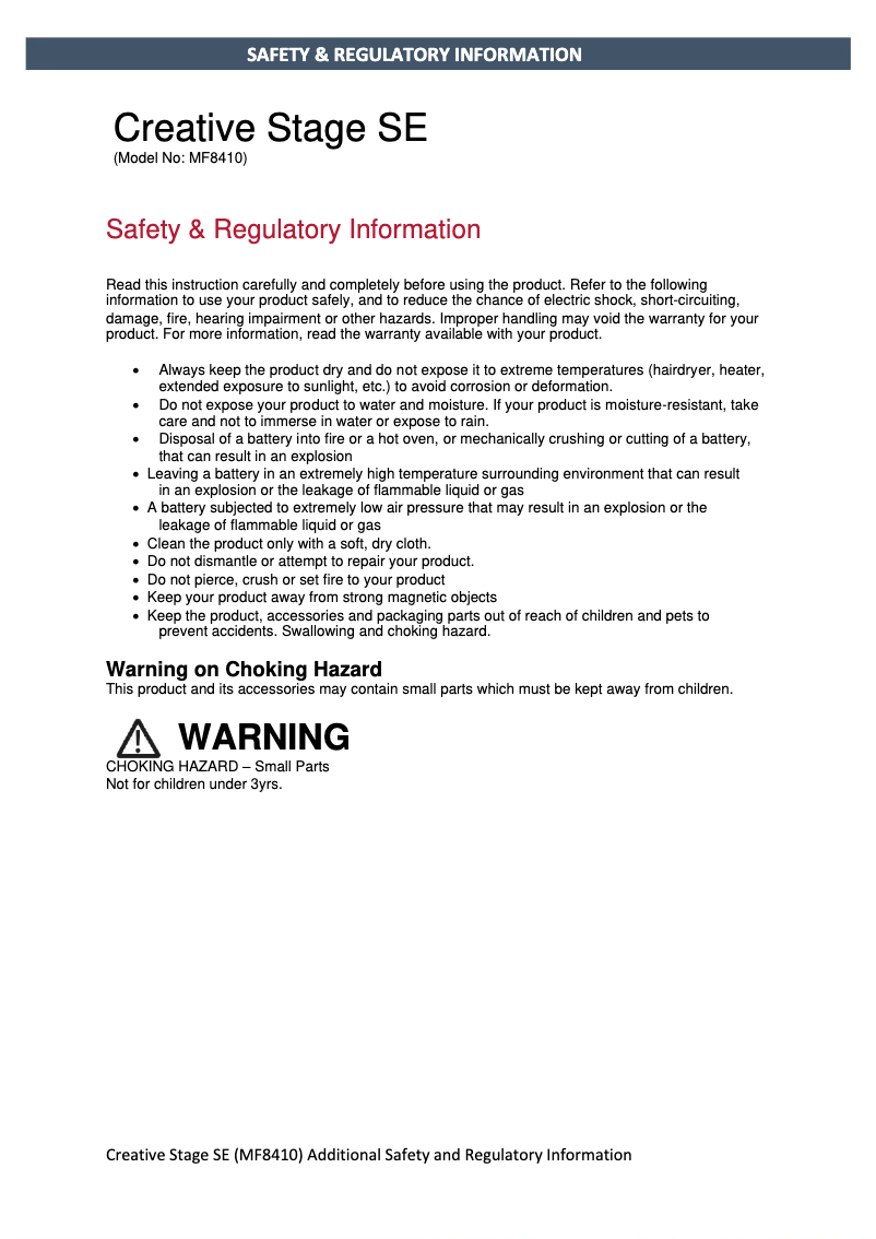 Page 1 de la notice Instructions de sécurité Creative Stage SE