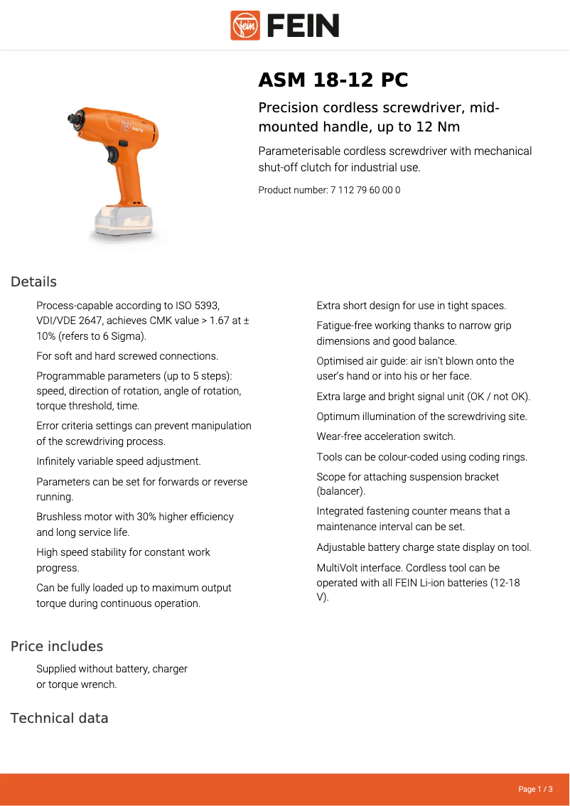 Página 1 del manual Ficha técnica Fein ASM 18-12 PC