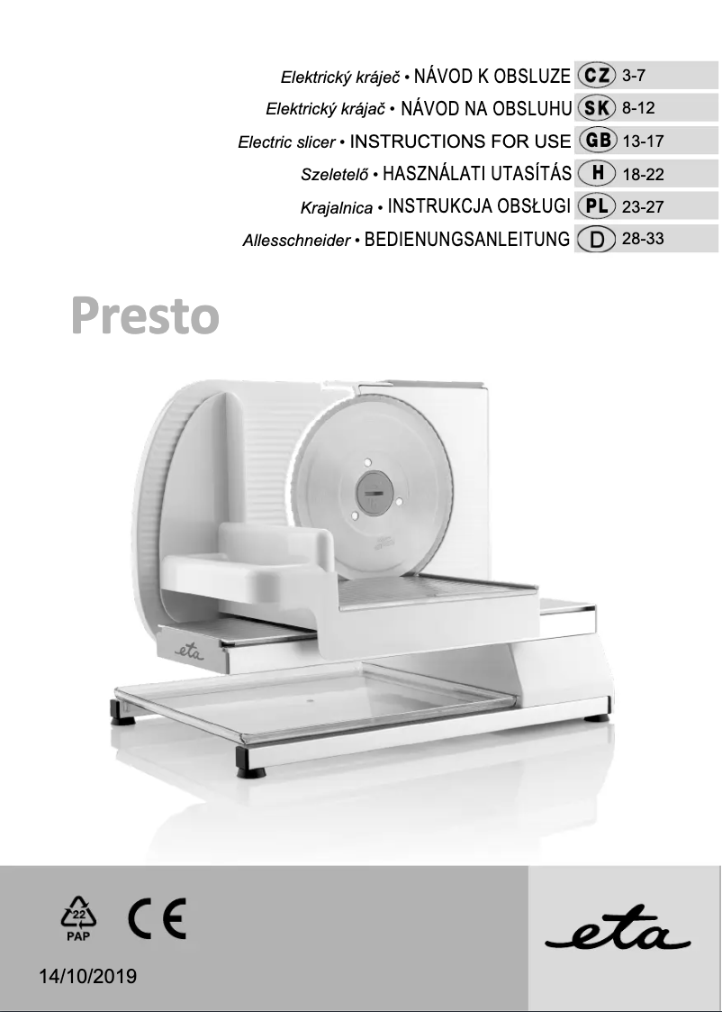Page 1 de la notice Manuel utilisateur Eta Presto