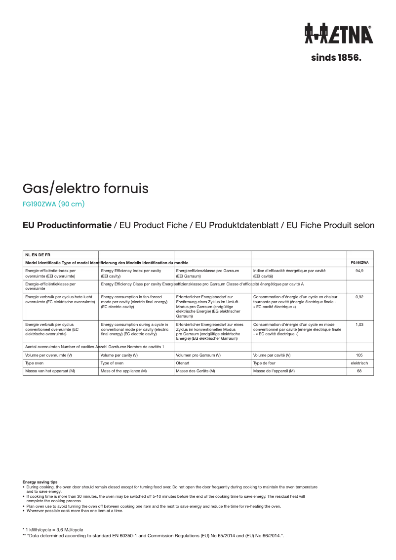Page 1 de la notice Fiche technique Etna FG190ZWA