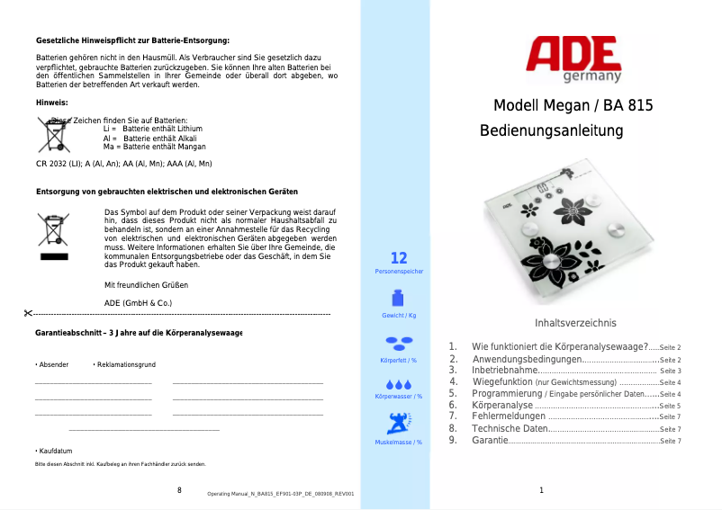 Page 1 de la notice Manuel utilisateur ADE Megan BA 815