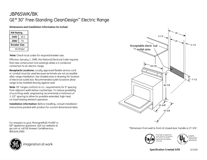 Página 1 del manual Ficha técnica GE JBP65BKBB