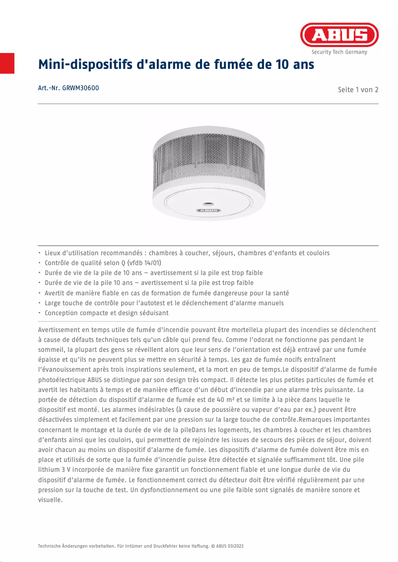 Página 1 del manual Ficha técnica Abus GRWM30600