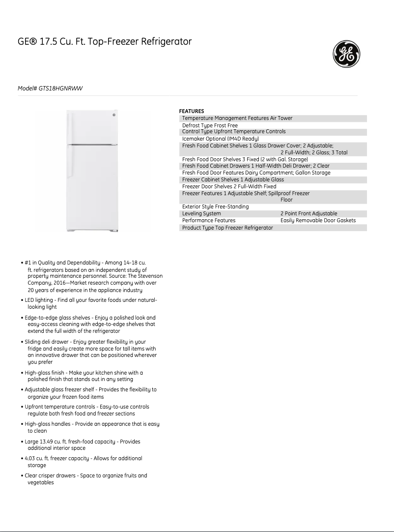 Page 1 de la notice Fiche technique GE GIE18DTNRWW