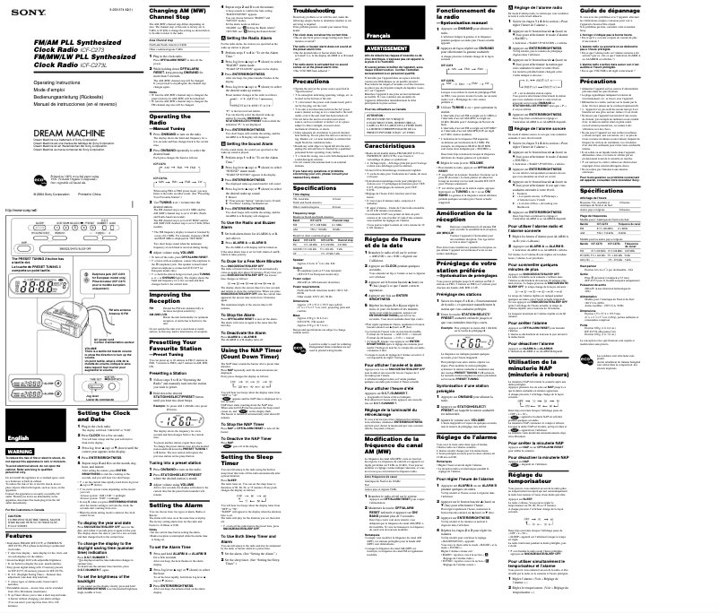 Page 1 de la notice Manuel utilisateur Sony Dream Machine ICF-C273