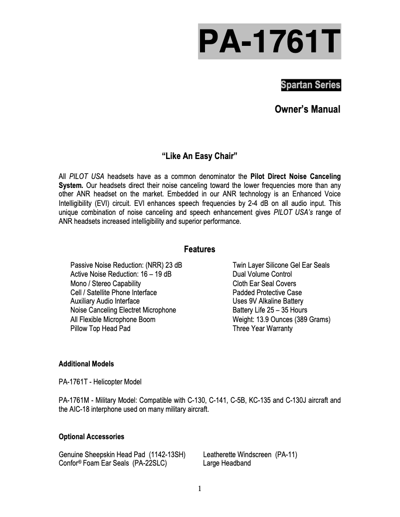 Page n°1 - Manuel utilisateur Pilot PA-1761T