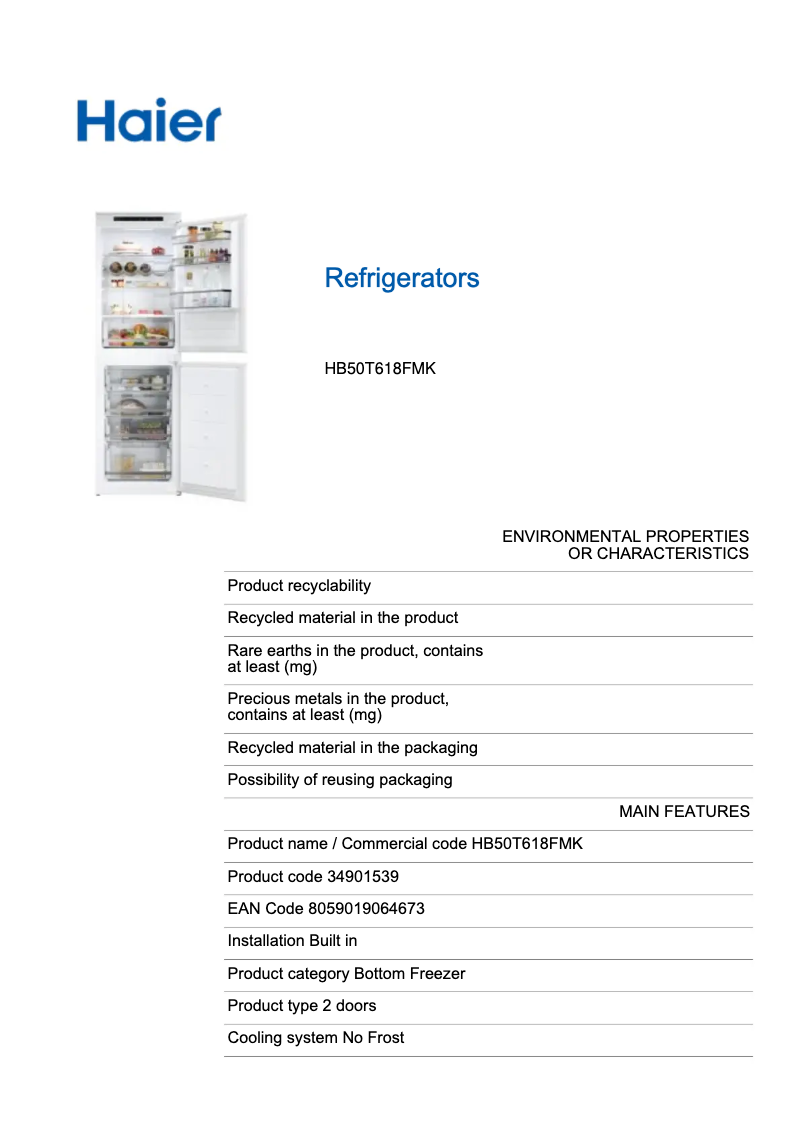 Page 1 de la notice Fiche technique Haier HB50T618FMK
