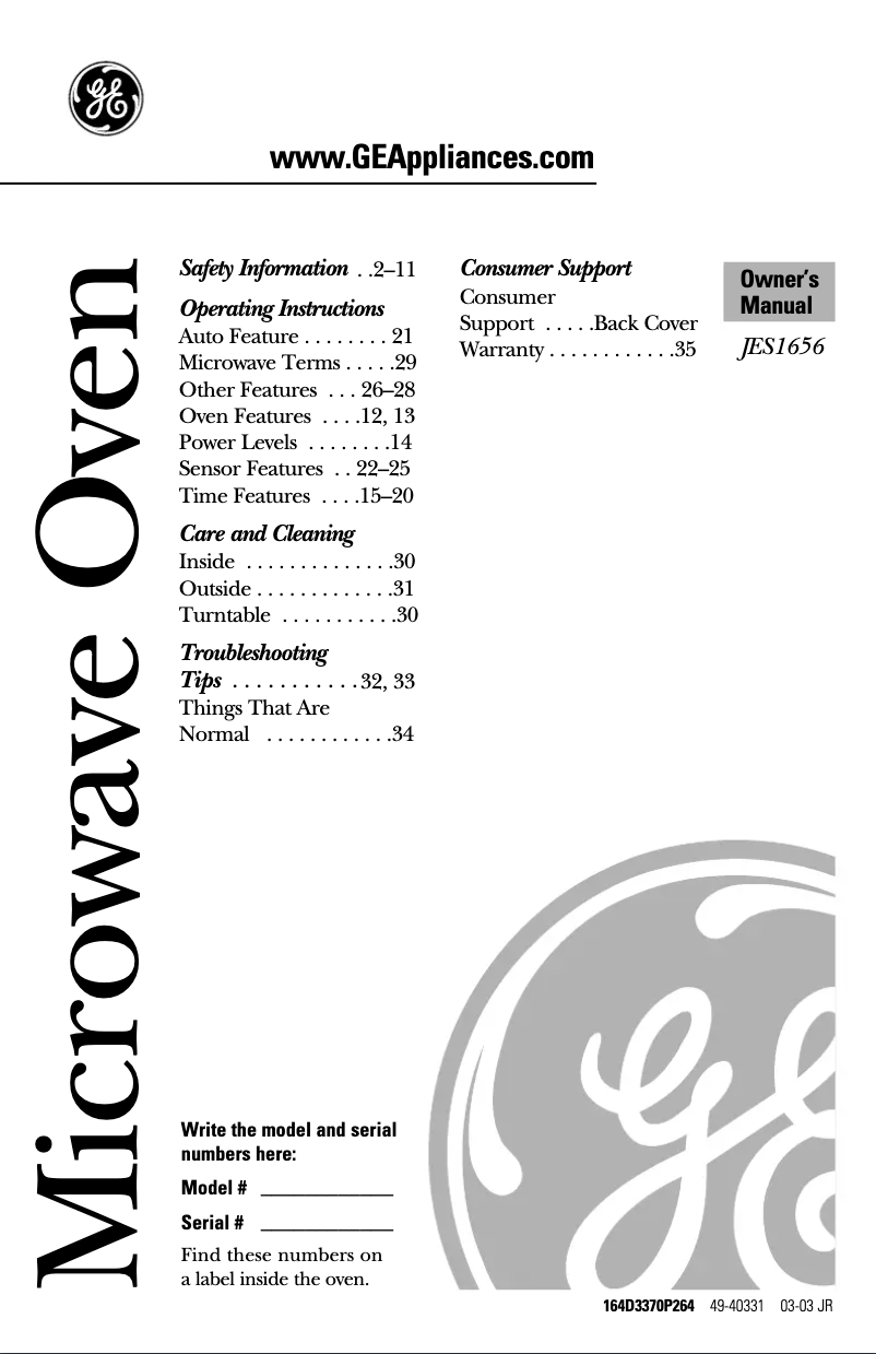 Page n°1 - Manuel utilisateur GE JES1656SJ