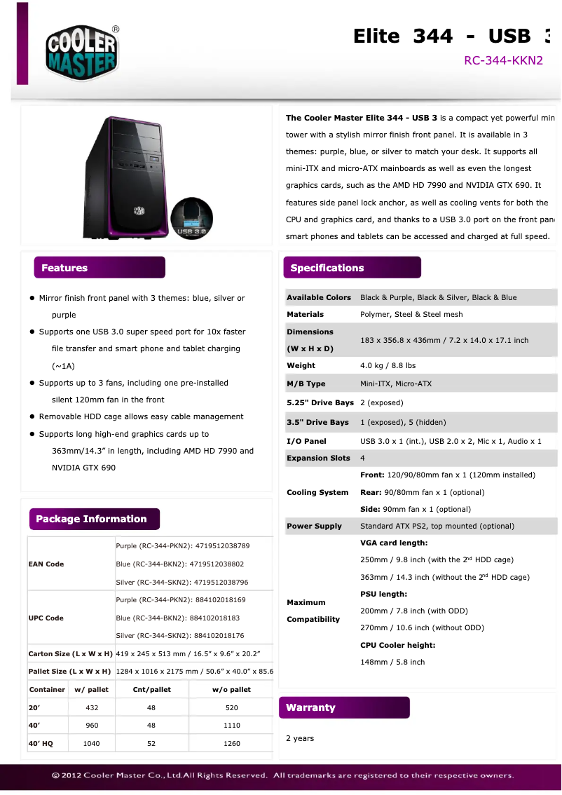 Page n°1 - Fiche technique Cooler Master Elite 344
