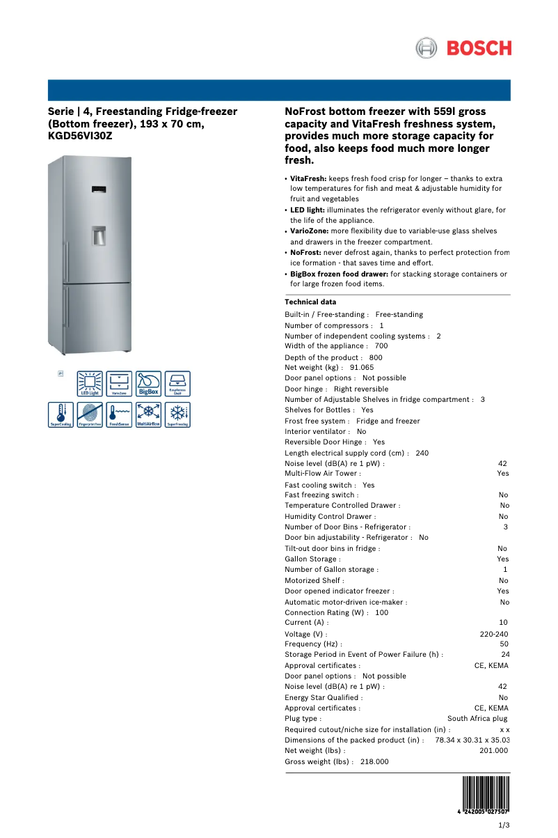 Page 1 de la notice Manuel utilisateur Bosch KGD56VI30Z