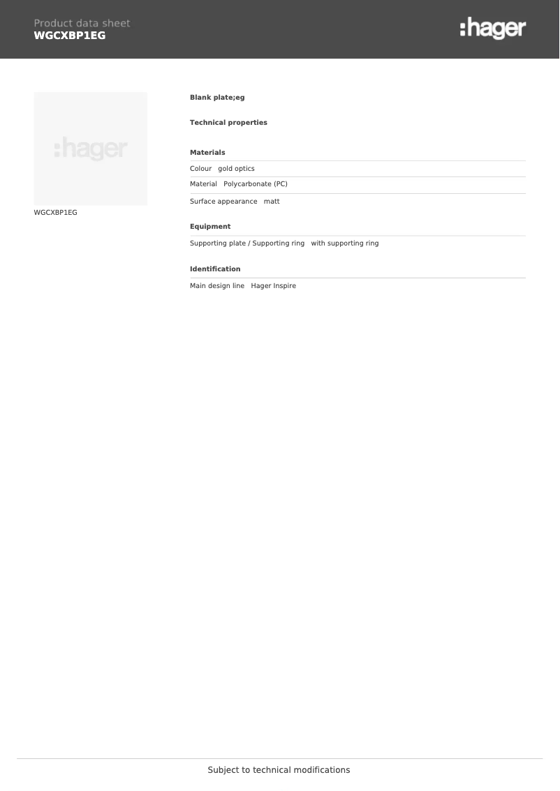 Page 1 de la notice Fiche technique Hager WGCXBP1EG