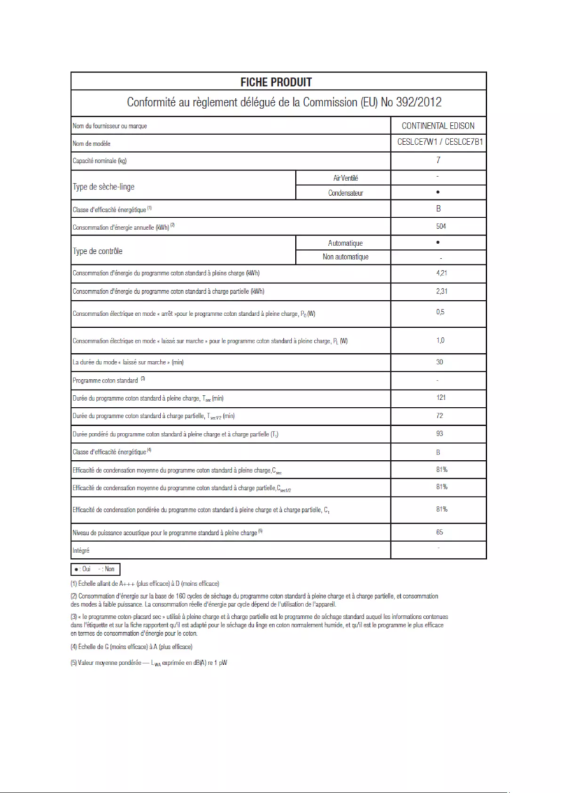 Page n°1 - Label énergétique Continental Edison CESLCE7B1