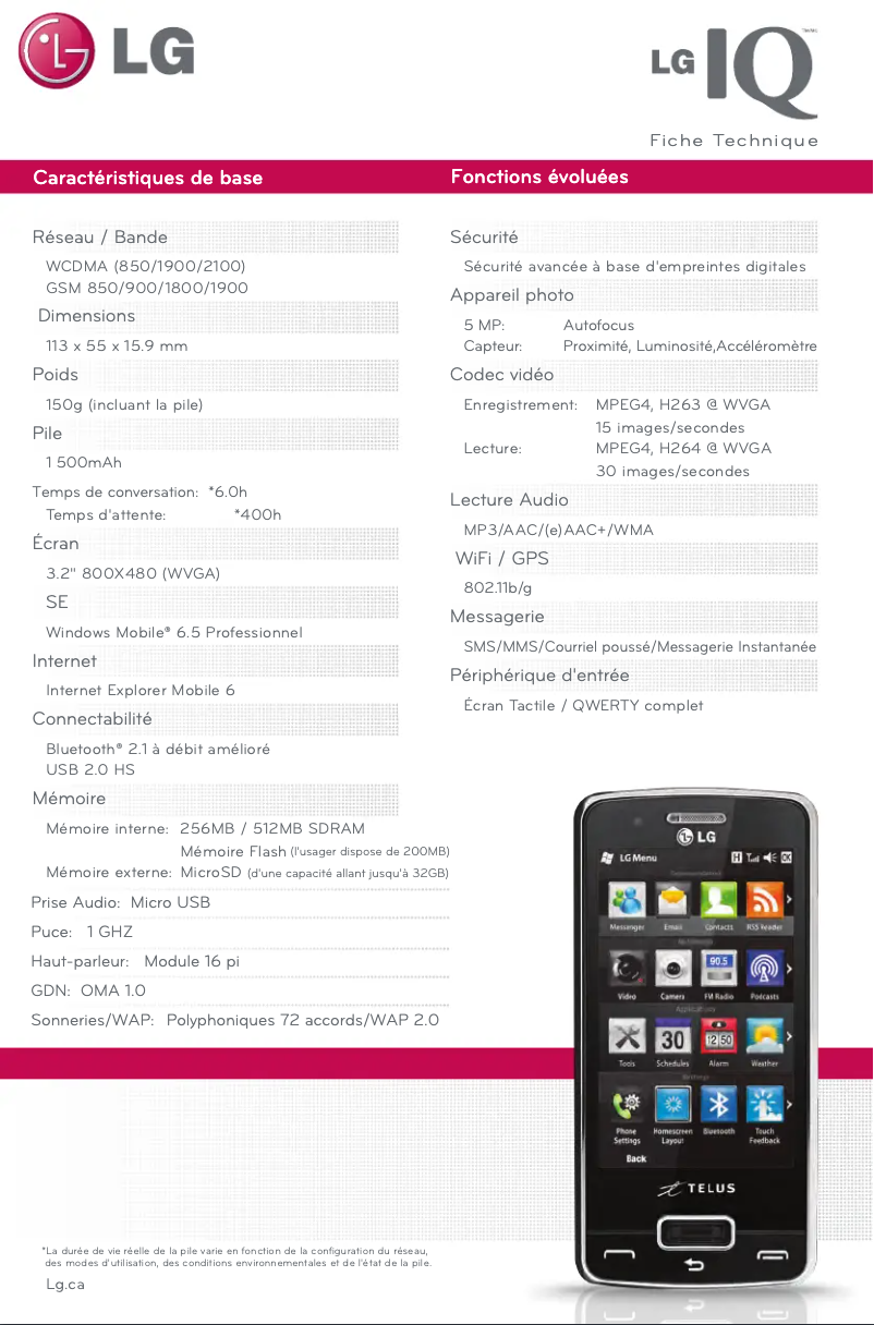 Page 1 de la notice Fiche technique LG GW825