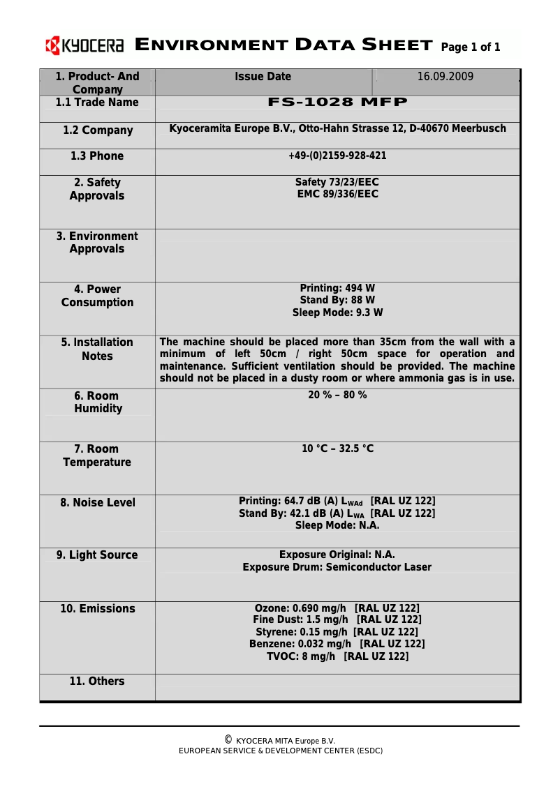 Page 1 de la notice Fiche technique Kyocera FS-1028MFP