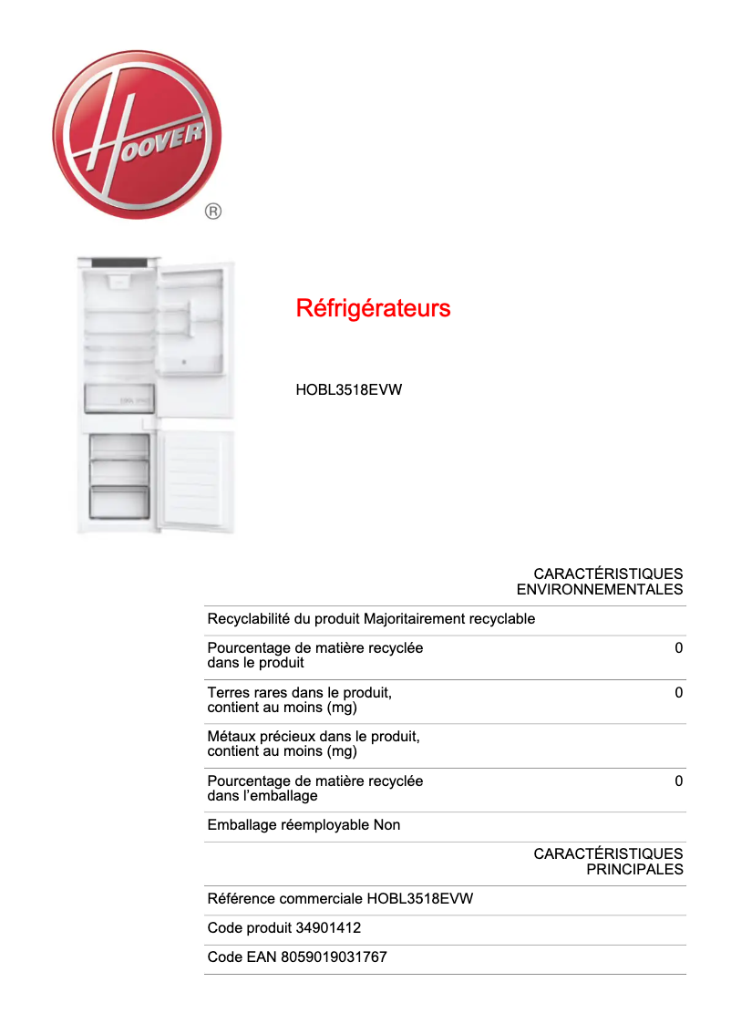 Page 1 de la notice Fiche technique Hoover HOBL3518EVW