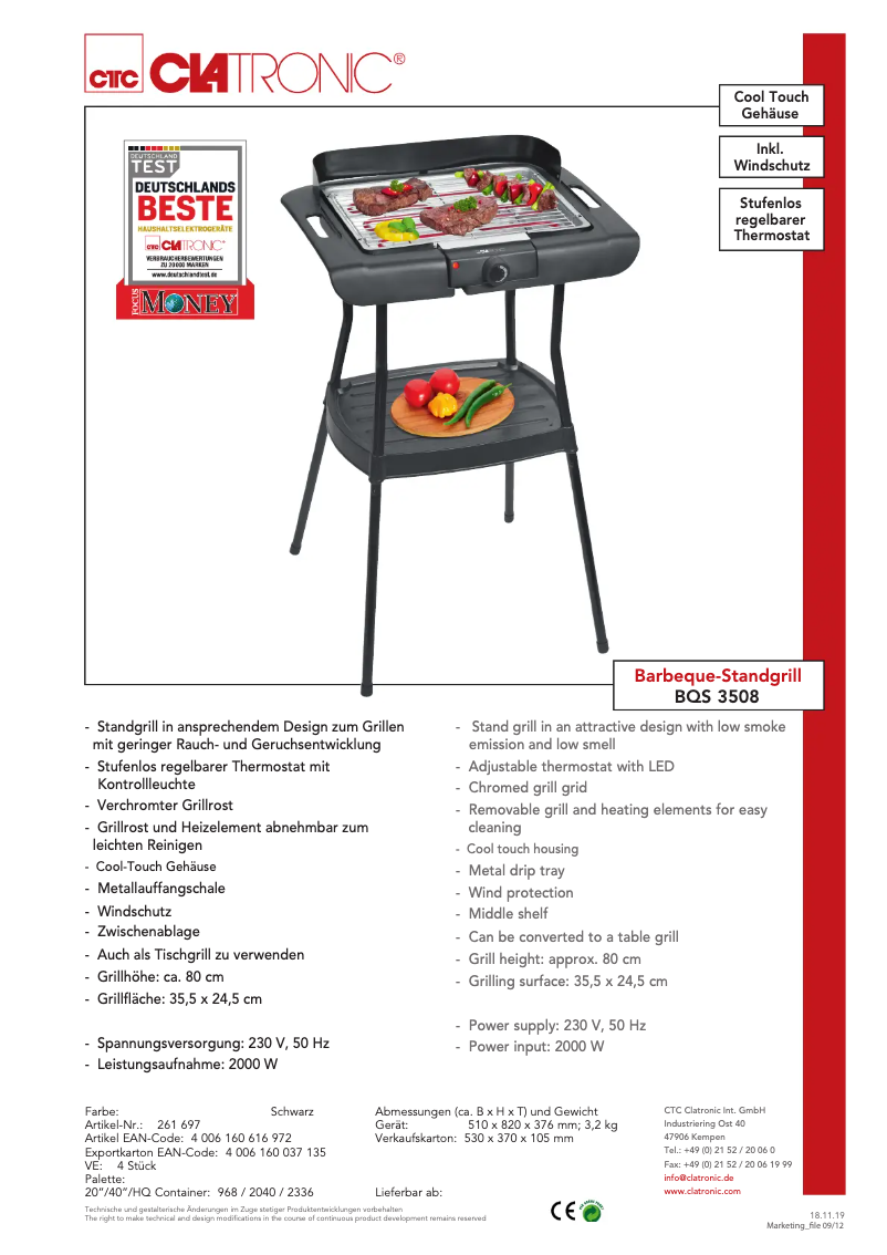 Page 1 de la notice Fiche technique Clatronic BQS 3508