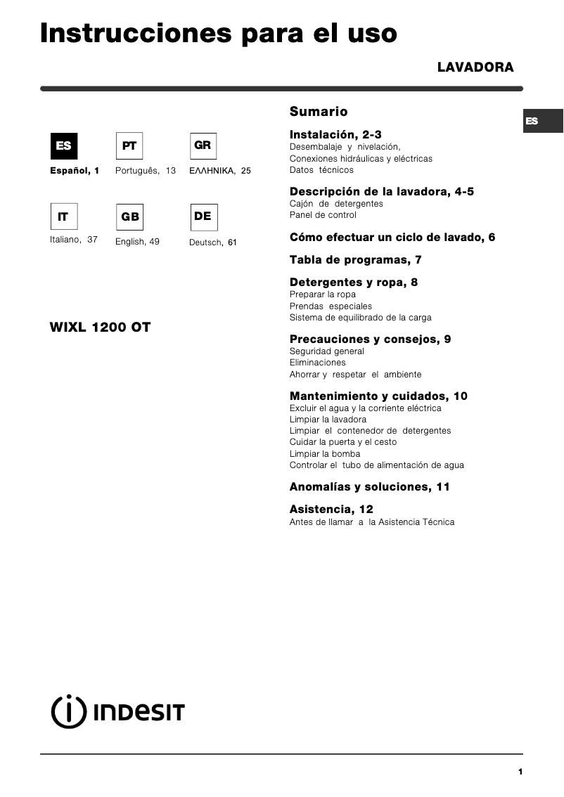 Page 1 de la notice Manuel utilisateur Indesit WIXL 1200 OT (EU)(V)