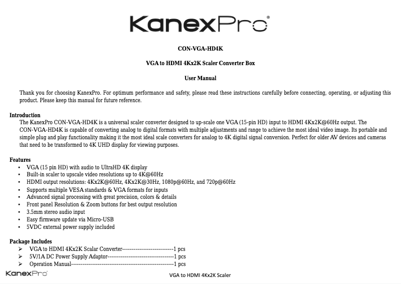 Page n°1 - Manuel utilisateur KanexPro CON-VGA-HD4K