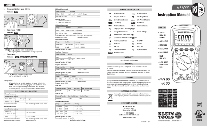 Page n°1 - Manuel utilisateur Klein Tools MM1300