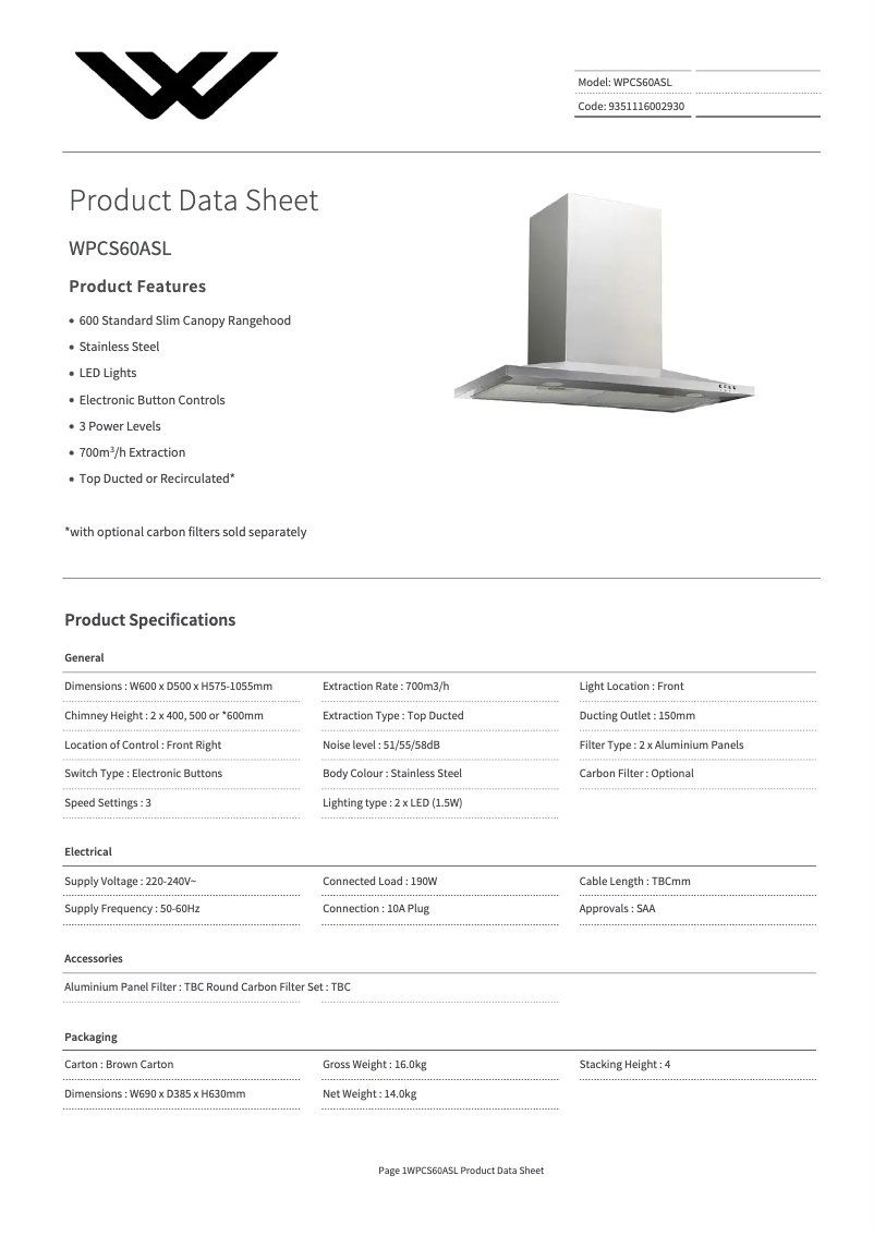 Page 1 de la notice Fiche technique Tisira WPCS60AS-L