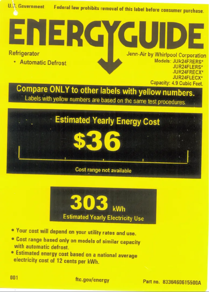 Page 1 de la notice Label énergétique JennAir JUR24FRERS