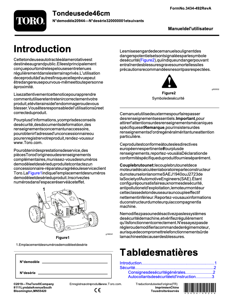 Page 1 de la notice Manuel utilisateur Toro 20944