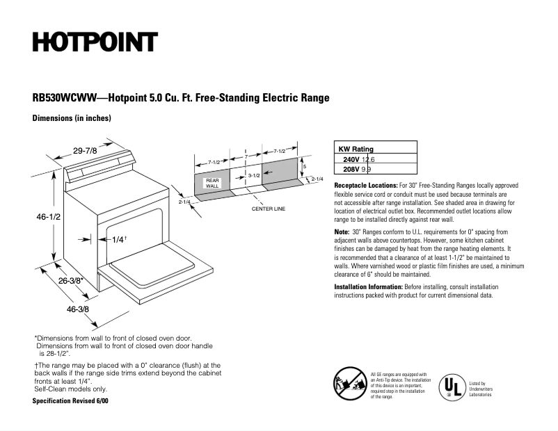 Página 1 del manual Ficha técnica Hotpoint RB530WCWW