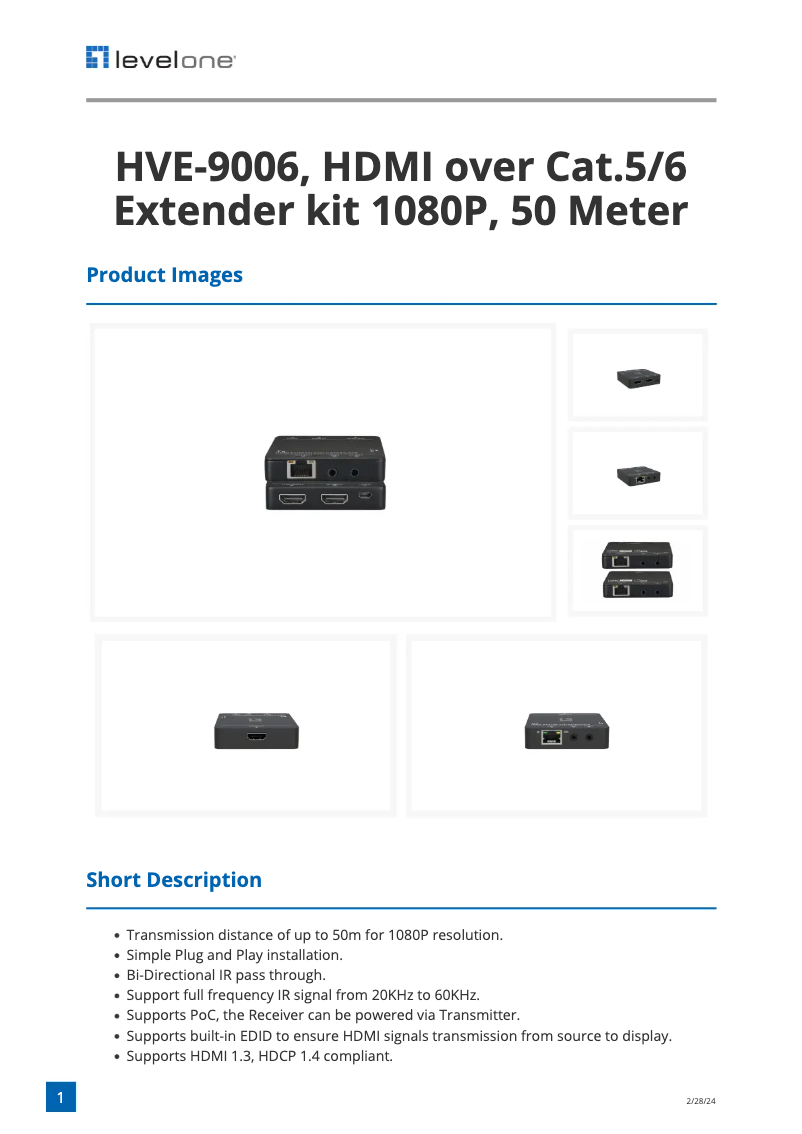 Page 1 de la notice Fiche technique LevelOne HVE-9006