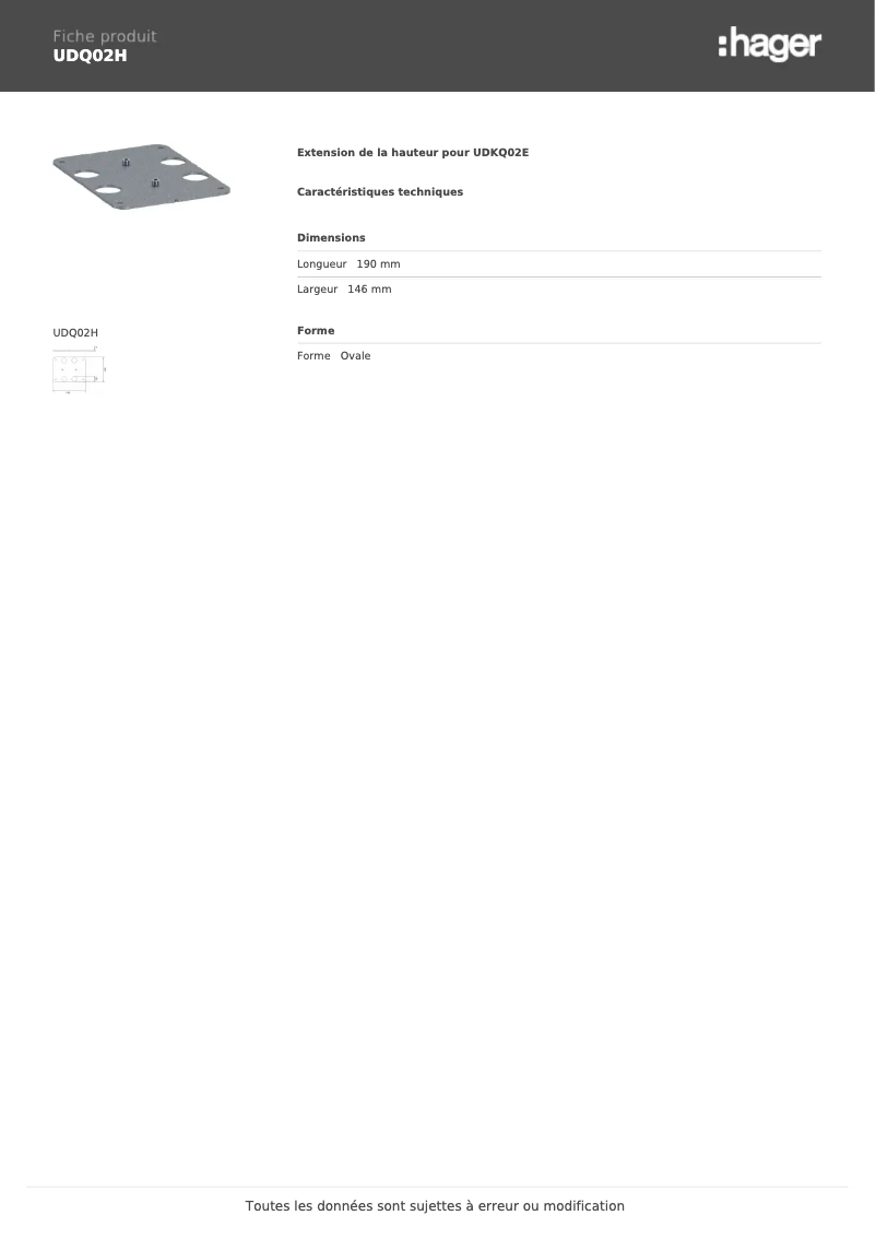 Page 1 de la notice Fiche technique Hager UDQ02H