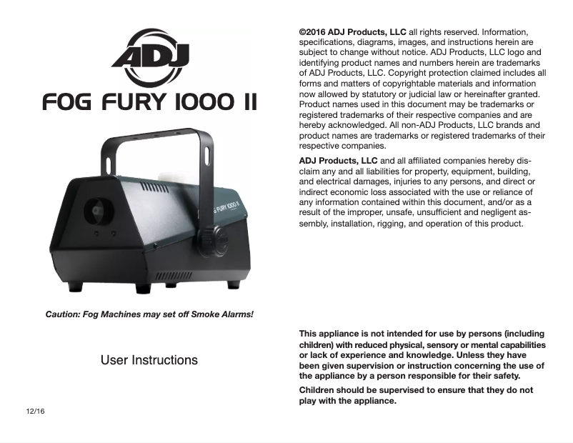 Page 1 de la notice Manuel utilisateur American DJ Fog Fury 1000 II
