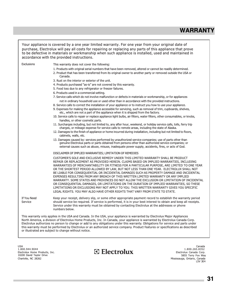 Page n°1 - Informations de garantie Frigidaire FFGH3054US