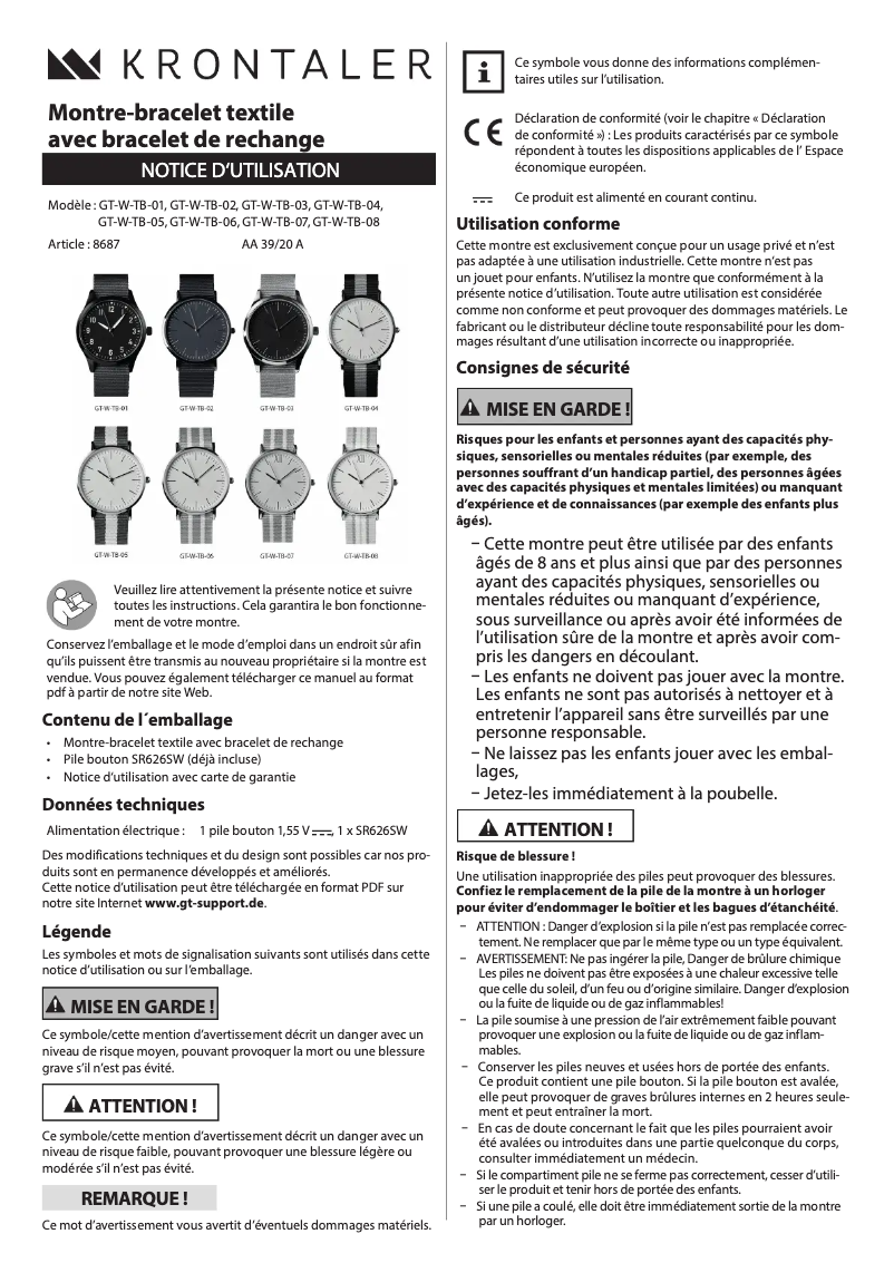Page n°1 - Manuel utilisateur Krontaler GT-W-TB-08