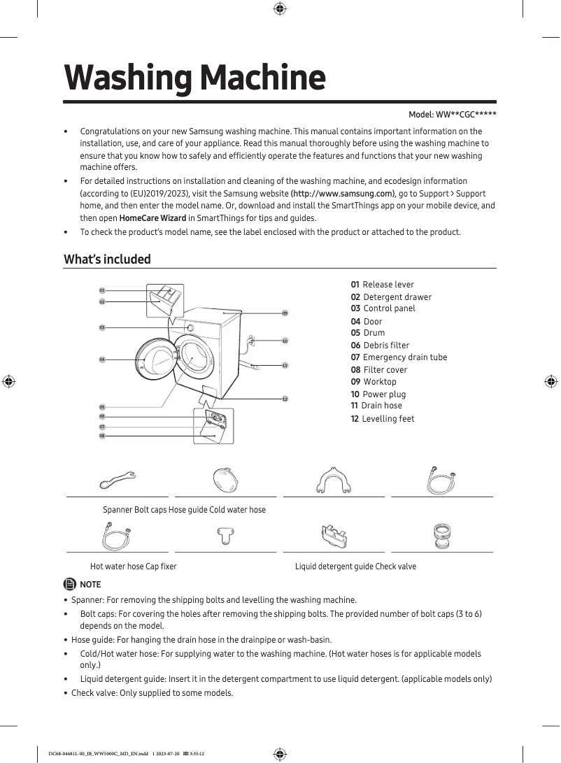 Page 1 de la notice Guide d'installation Samsung WW90CGC04DAB