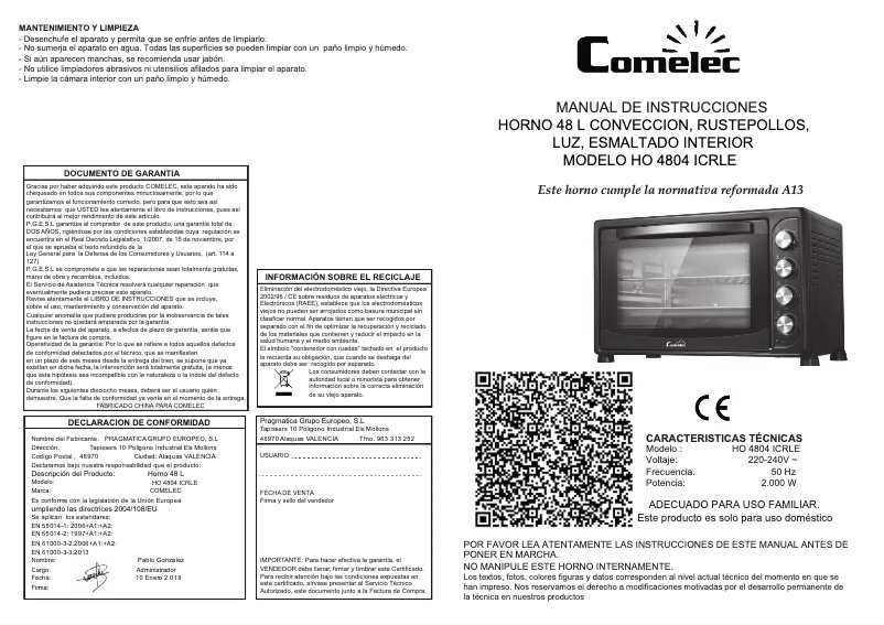 Page n°1 - Manuel utilisateur Comelec HO 4804 ICRL
