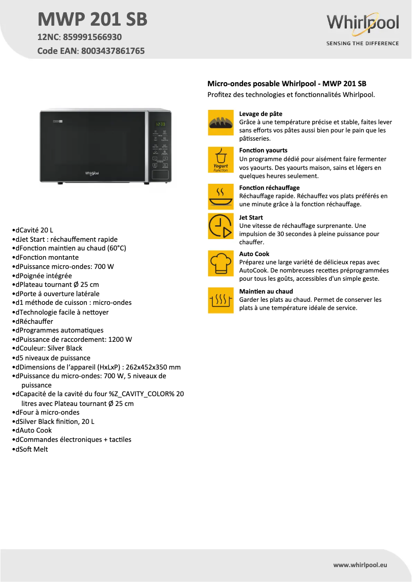 Page 1 de la notice Fiche technique Whirlpool Cook20 MWP 201