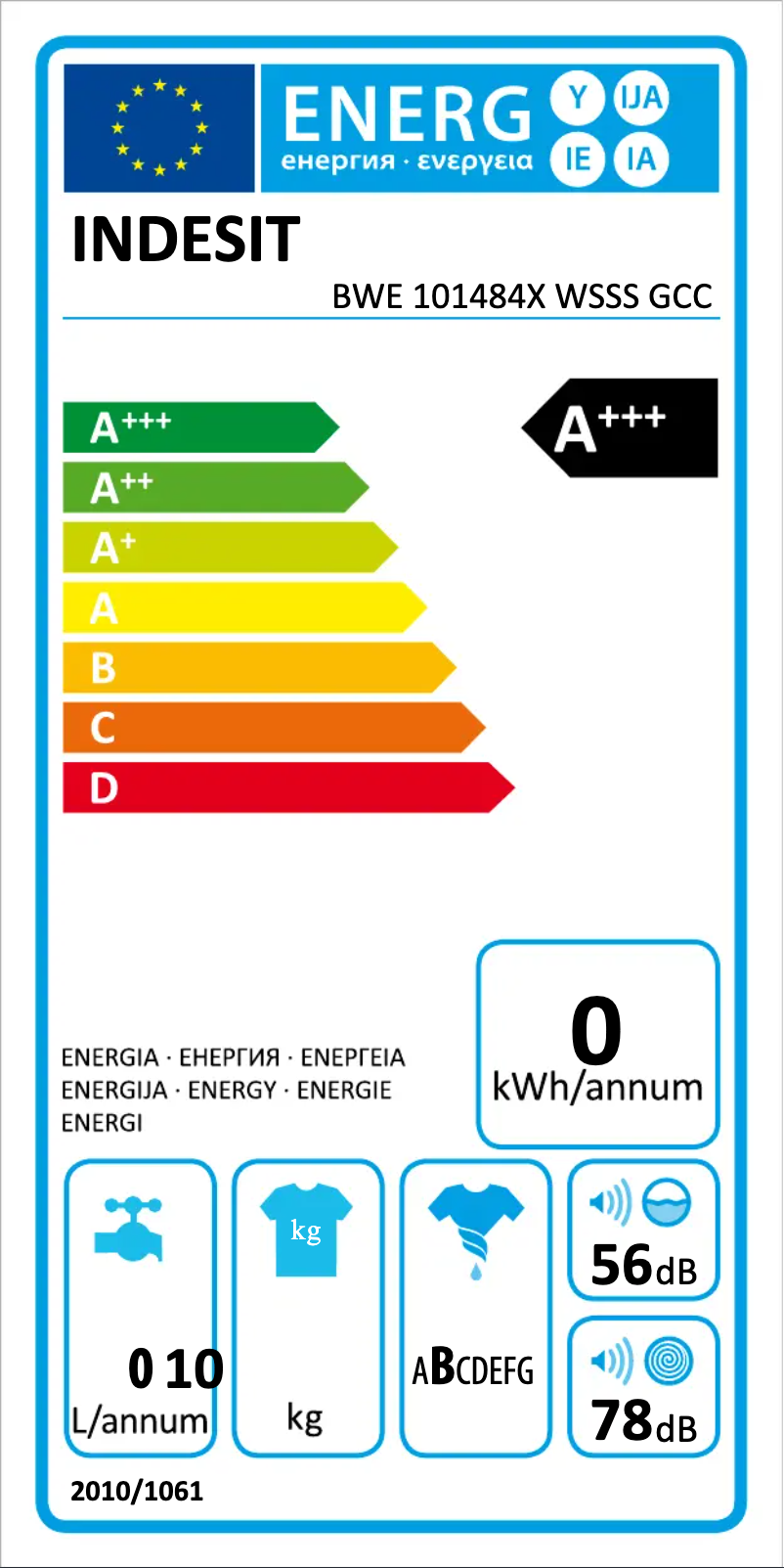 Página 1 del manual Etiqueta energética Indesit BWE 101484X WSSS GCC
