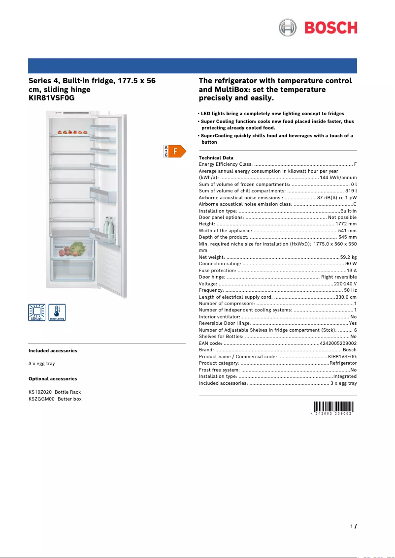 Page 1 de la notice Fiche technique Bosch KIR81VSF0G