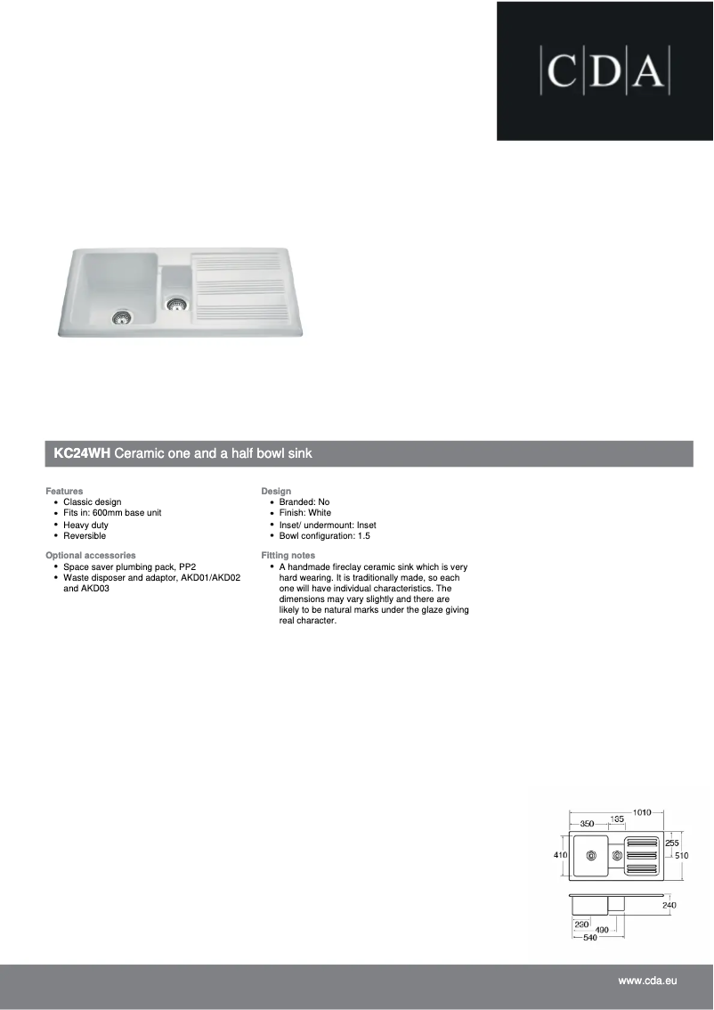 Page 1 de la notice Fiche technique CDA KC24WH