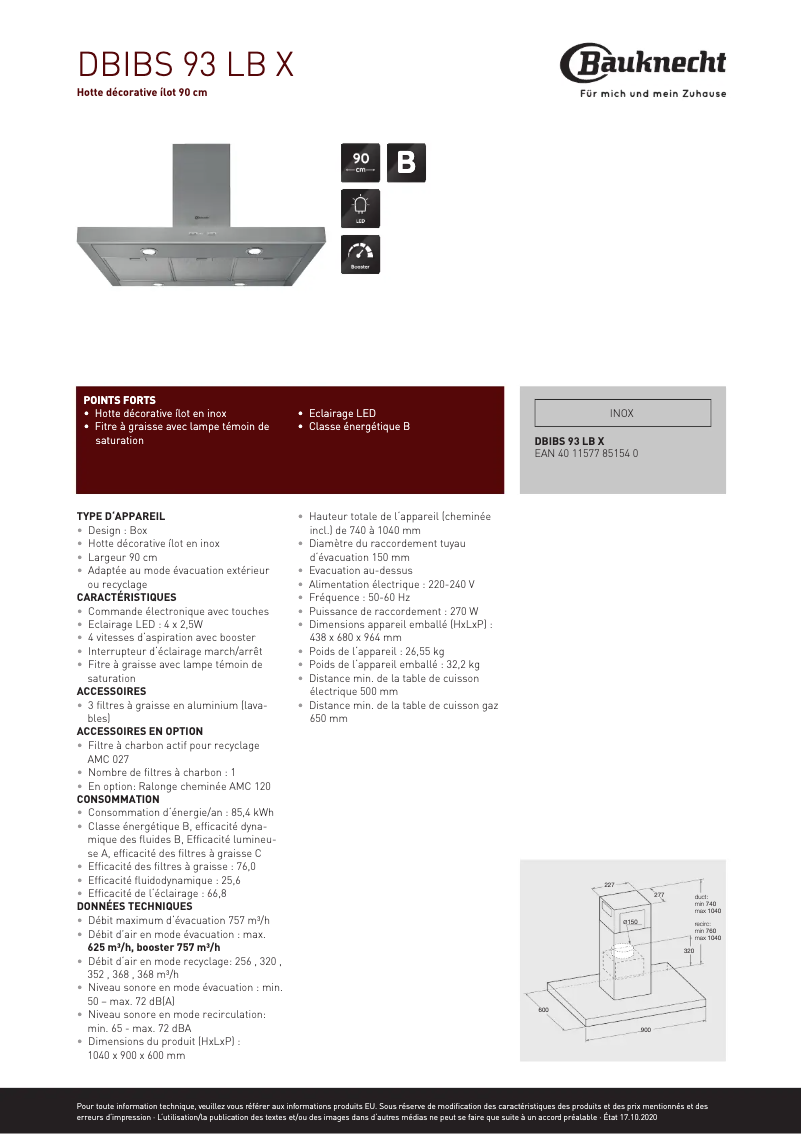 Page 1 de la notice Fiche technique Bauknecht DBIBS 93 LB X