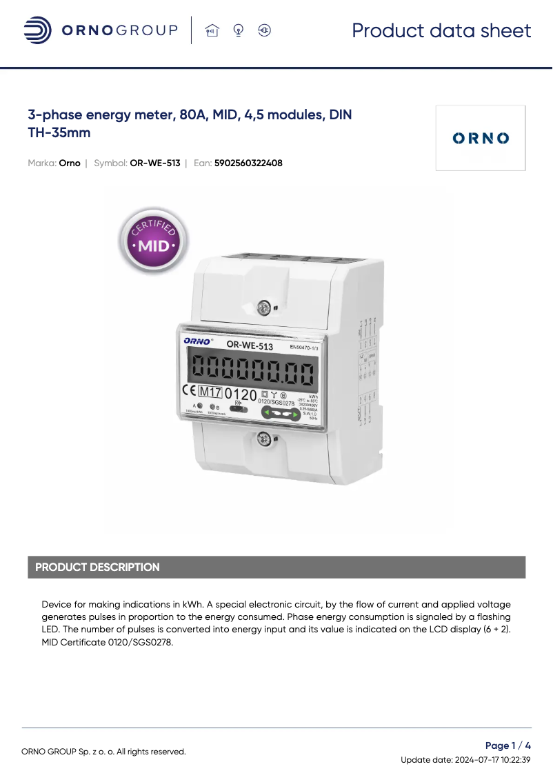 Page 1 de la notice Fiche technique ORNO OR-WE-513
