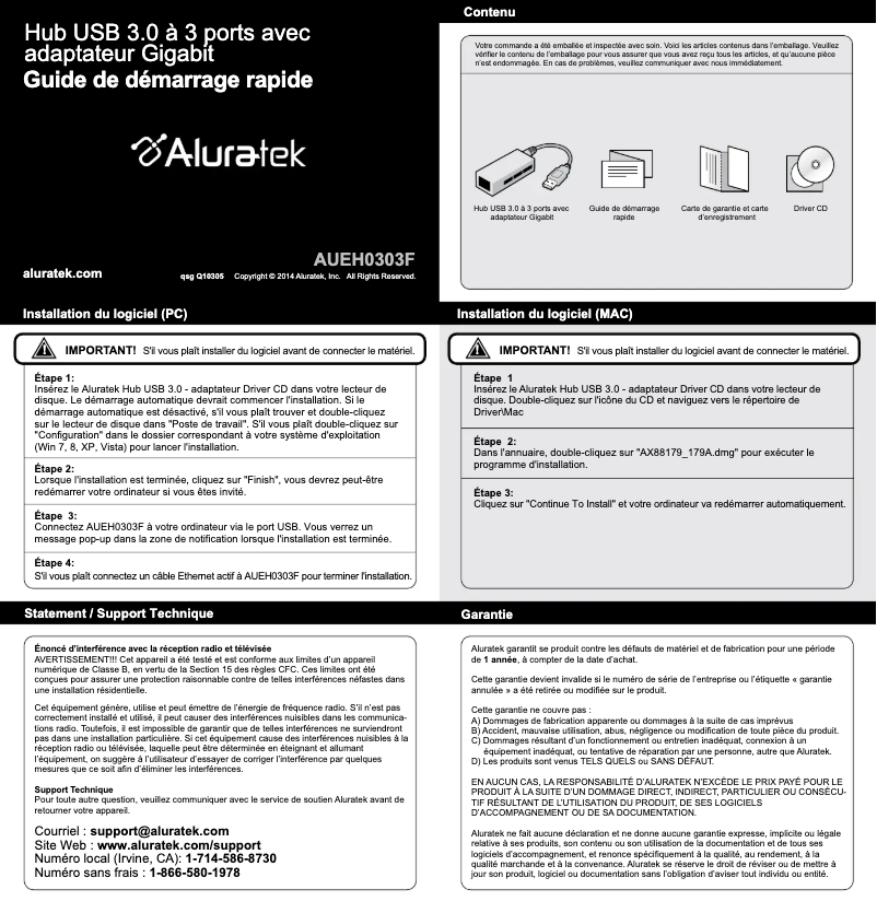 Page 1 de la notice Manuel utilisateur Aluratek AUEH0303F