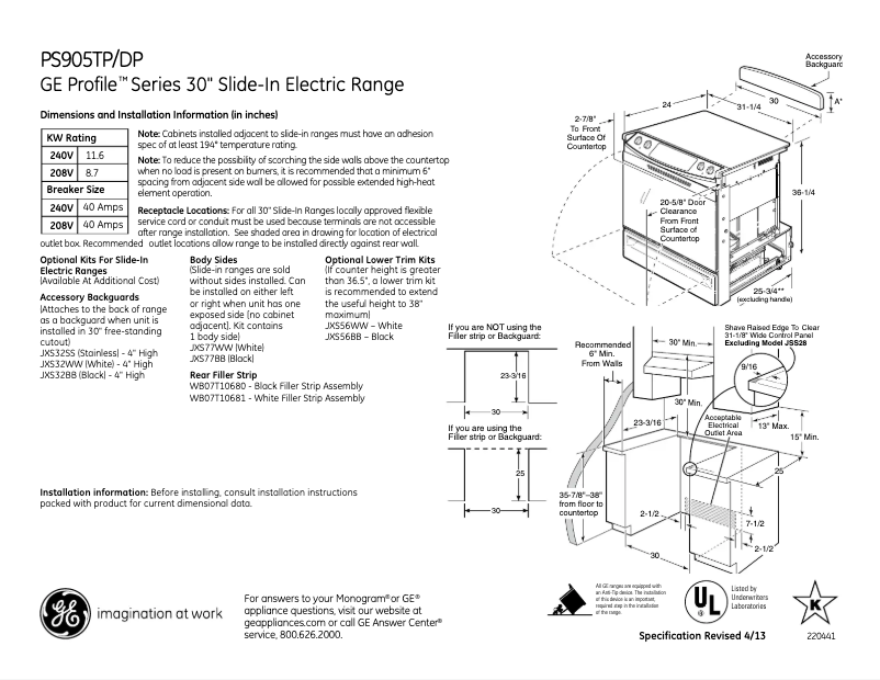 Page n°1 - Fiche technique GE Profile PS905DPBB