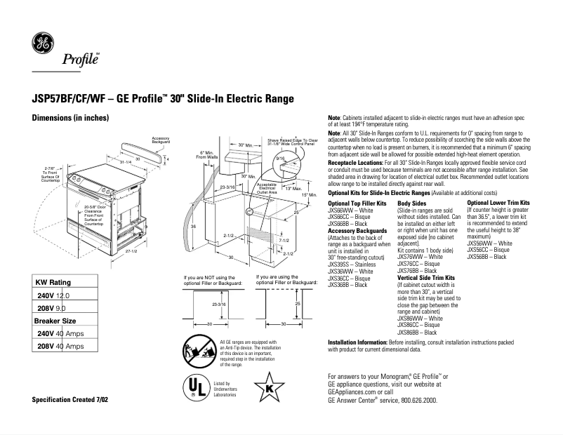 Page n°1 - Fiche technique GE Profile JSP57WFWW