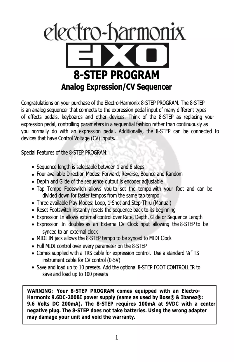 Page 1 de la notice Manuel utilisateur Electro Harmonix 8 Step Program Foot Controller