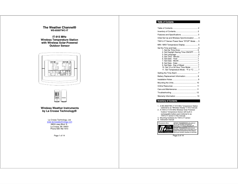 Image de la première page du manuel de l'appareil WS-8500TWC-IT