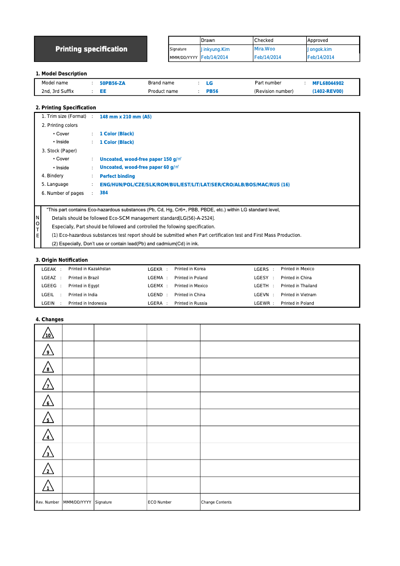 Page n°1 - Manuel utilisateur LG 50PB560V
