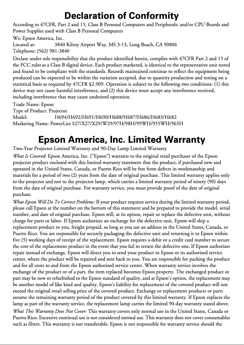 Página 1 del manual Información de garantía Epson PowerLite 955WH