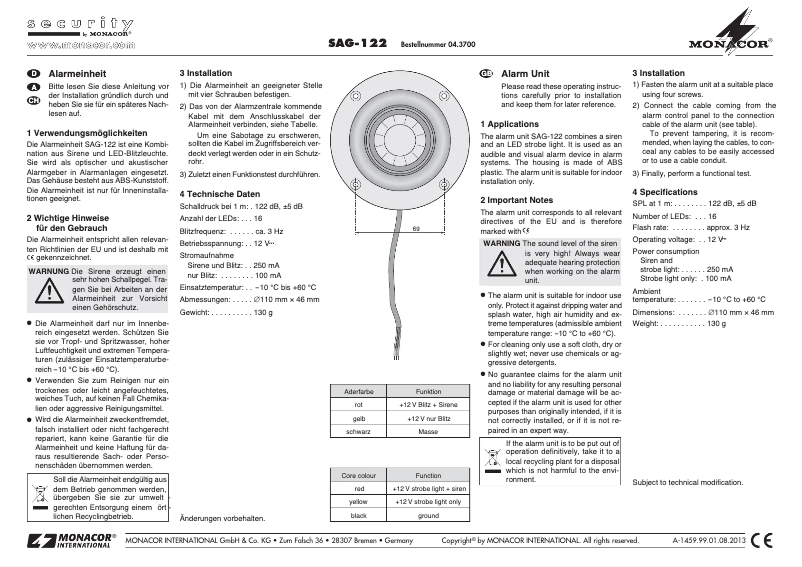 Page 1 de la notice Manuel utilisateur Monacor SAG-122